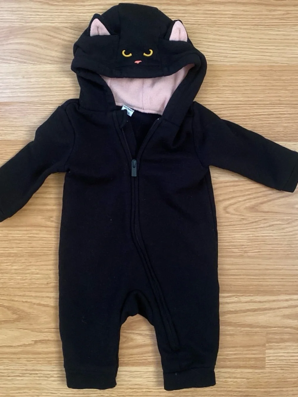 Old Navy Black Cat Hooded One-Piece with Pink Lining